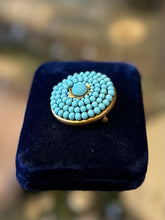 Load image into Gallery viewer, Vintage 1930s Czech Glass Blue Beads Hand Strung on Brass Round Brooch Pin Trombone Clasp
