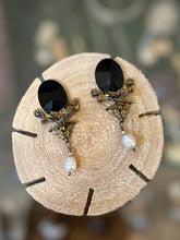 Load image into Gallery viewer, Vintage 1950s Signed Tricia’s Sterling Silver Gold Plated Faceted Black Onyx &amp; Pearl Art Nouveau Revival Calla Lily Dangle Drop Earrings
