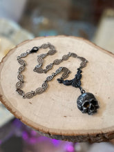 Load image into Gallery viewer, Handmade Dark Grey Metal Skull Necklace - Catacombs
