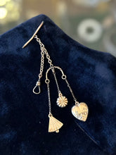 Load image into Gallery viewer, Victorian Antique Pocket Watch Fob Chain with T Bar &amp; Charms Heart Fan &amp; Flower
