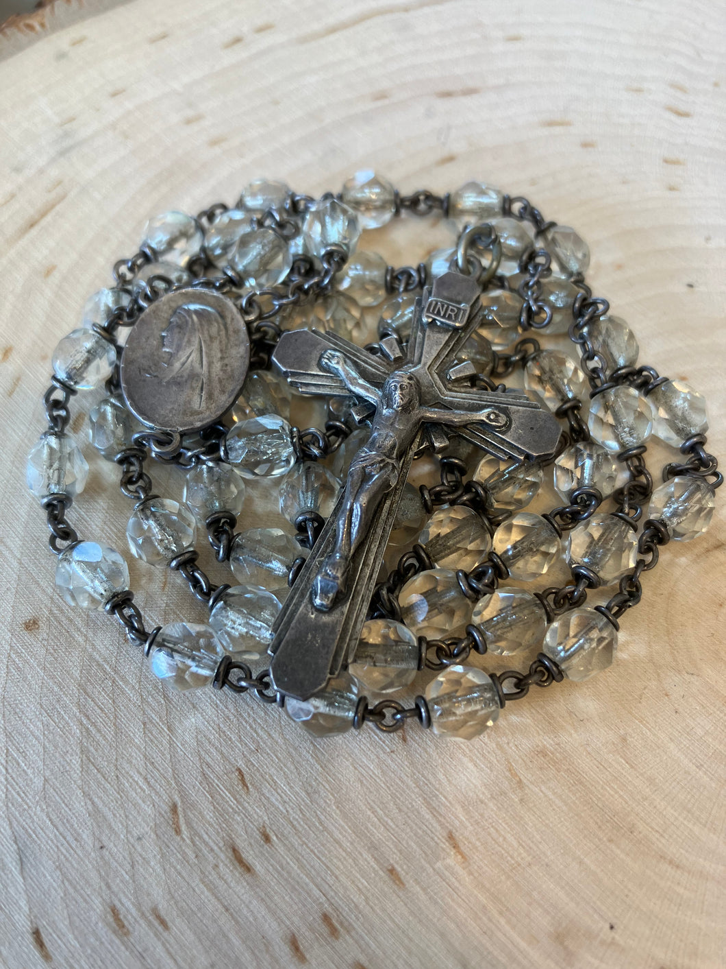 Vintage 1940s Clear Hand Cut Crystal Sterling Silver Crucifix Rosary 20.75