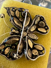 Load image into Gallery viewer, Vintage Signed REGENCY Green &amp; Aurora Borealis Faceted Rhinestone Butterfly Brooch Midcentury
