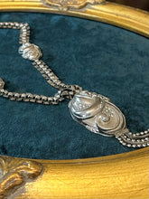 Load image into Gallery viewer, Antique Edwardian Circa 1910s Ornate Art Nouveau Floral &amp; Scroll Motif Silver Plated Pendant Y-Necklace 16.5”
