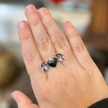 Load image into Gallery viewer, Gothic Black Heart &amp; Bat Wing Silver Tone Ring

