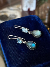 Load image into Gallery viewer, Vintage Sterling Silver Genuine Labradorite Cabochon Teardrop &amp; Faceted Blue Aquamarine Glass Dangle Earrings
