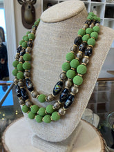 Load image into Gallery viewer, RARE Vintage HOBE &#39;50s Tri-Strand Green Art Glass &amp; Gold Tone Necklace Faience
