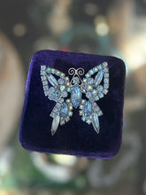 Load image into Gallery viewer, Vintage Light Blue &amp; Aurora Borealis Faceted Rhinestone Butterfly Brooch Silver Tone Midcentury
