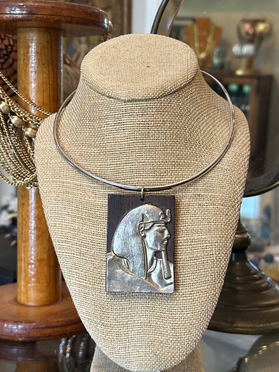 Vintage Midcentury Circa 1970s Large Wood & Silver Tone Metal Egyptian Revival Pharoah Pendant on Silver Tone Choker Adjustable