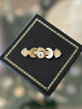 Load image into Gallery viewer, Antique Victorian Gold Filled Etched &amp; Textured Paste Rhinestone Crescent Moon Bar Pin Brooch

