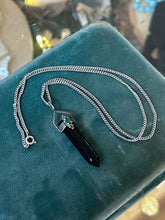 Load image into Gallery viewer, Vintage Sterling Silver &amp; Black Onyx Faceted Pointed Tower Green Rhinestone Pendant Necklace 20”
