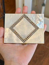Load image into Gallery viewer, Vintage 1950s Midcentury New Old Stock MARHILL Mother of Pearl Rhinestone Jewelled Gold Tone Cigarette Case Compact
