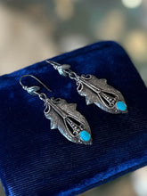 Load image into Gallery viewer, Vintage Sterling Silver &amp; Genuine Turquoise Art Nouveau Southwestern Style Dangle Earrings
