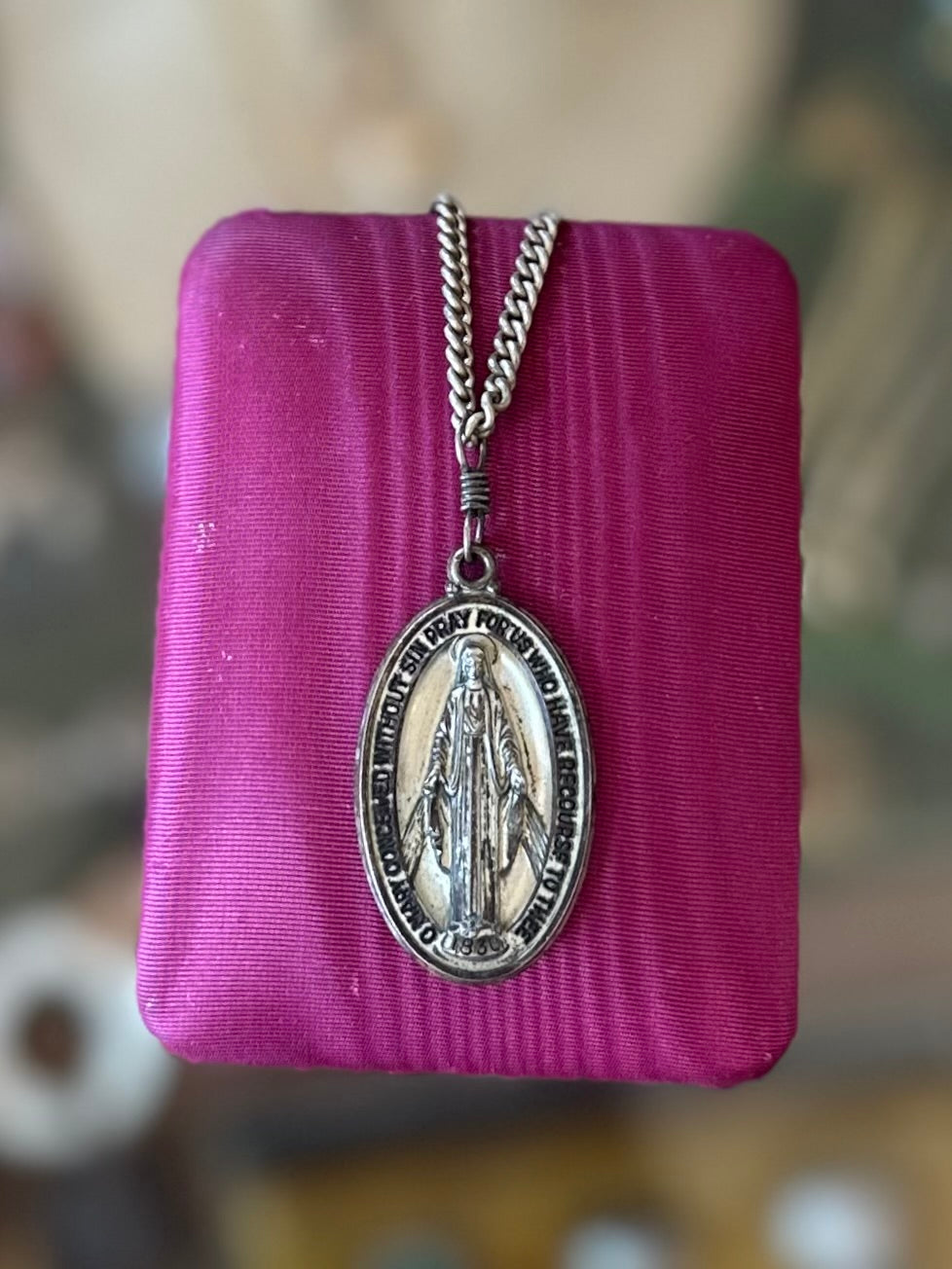 Vintage Signed CREED Sterling Silver Miraculous Mary Pray For Us 1830 Religious Medal Pendant Necklace 23.5”