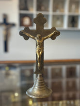 Load image into Gallery viewer, Vintage Brass Tabletop Standing Crucifix Budded Cross Jesus Christ 9.25” Religious Decor
