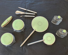 Load image into Gallery viewer, Antique Vintage 1920s 1930s Art Deco Mint Green Full Vanity 10 Piece Set | Includes Hand Mirror, Brush, Nail Tools, Perfume Bottles &amp; More!
