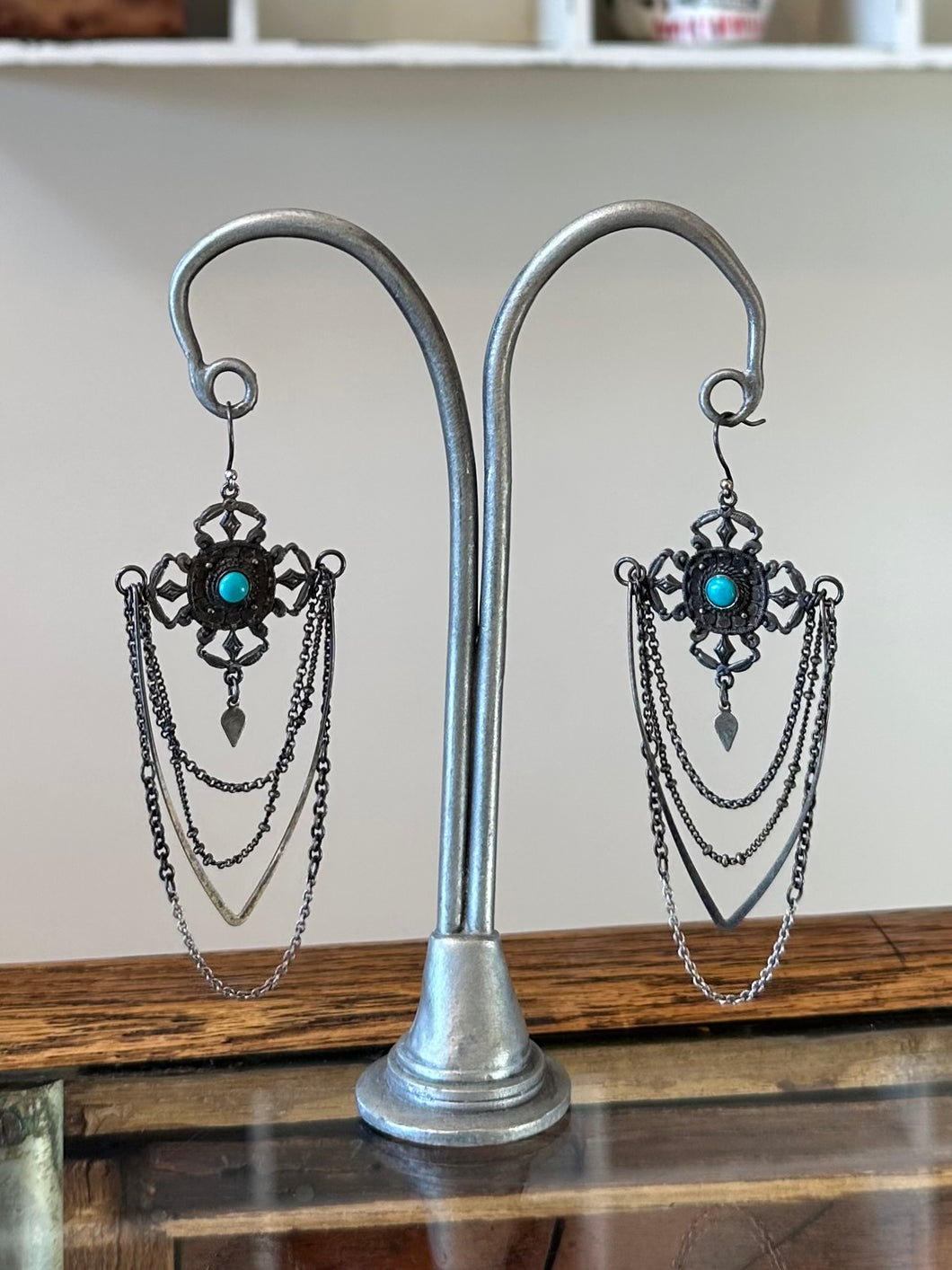 Vintage Bohemian Chandelier Silver Plated & Genuine Turquoise Statement Dangle Earrings
