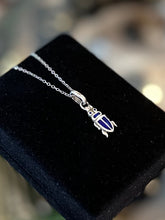 Load image into Gallery viewer, Vintage Sterling Silver &amp; Blue Enamel Scarab Beetle Pendant Necklace Long 24.5” Layering
