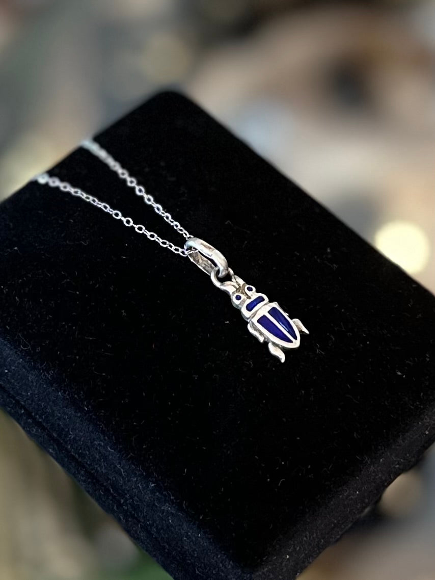 Vintage Sterling Silver & Blue Enamel Scarab Beetle Pendant Necklace Long 24.5” Layering