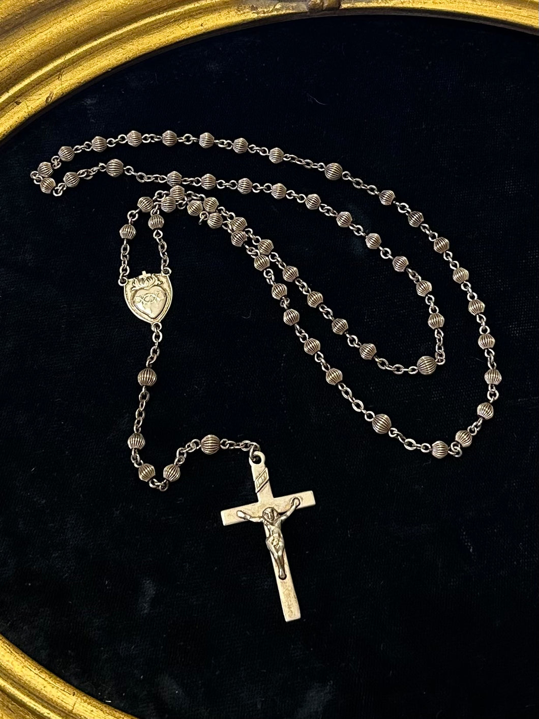 Vintage Circa 1940s All Sterling Silver Grooved Bead Sacred Heart Rosary Engraved E.A. Cronauer Religious 16.55”