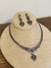 Load image into Gallery viewer, Vintage 1990s Sterling Silver &amp; Genuine Garnet Cabochon Pendant Necklace and Dangle Drop Earrings Set
