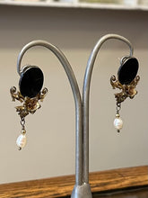 Load image into Gallery viewer, Vintage 1950s Signed Tricia’s Sterling Silver Gold Plated Faceted Black Onyx &amp; Pearl Art Nouveau Revival Calla Lily Dangle Drop Earrings

