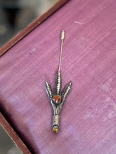 Load image into Gallery viewer, Vintage R118 Silver Tone Scottish Mizpah Grouse Claw Stickpin Brooch with Faceted Orange and Yellow Glass Stones
