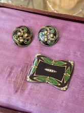 Load image into Gallery viewer, Vintage Signed CATHERINE POPESCO France Art Deco Art Nouveau Revival Purple &amp; Green Enamel with Rhinestone Brooch and Pierced Earrings Set
