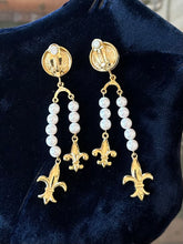 Load image into Gallery viewer, Vintage Circa 1980s 1990s Signed GIVENCHY Paris New York Gold Tone &amp; Faux Pearl Fleur de Lis Dangle Clip-on Earrings Rare
