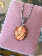 Load image into Gallery viewer, Vintage Sterling Silver &amp; Peachy Pink Botanical Lucite Oval Pendant Necklace 18.5”

