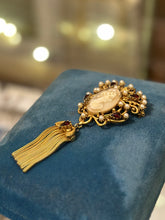 Load image into Gallery viewer, Vintage Signed FLORENZA Gold Tone Fringe Tassel Cameo Brooch Faux Pearl and Garnet
