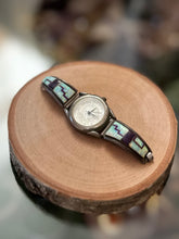 Load image into Gallery viewer, Vintage Zuni Native American Sterling Silver &amp; Stainless Steel Opal and Purple Inlay Bear Face Women’s Wrist Watch
