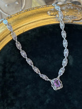 Load image into Gallery viewer, Art Deco Revival Signed Lauren Taylor Sterling Silver Filigree Faux Amethyst Necklace
