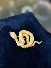 Load image into Gallery viewer, Vintage Midcentury Signed CAPRI Brushed Gold Tone Coiled Snake Brooch Green Rhinestone Eyes
