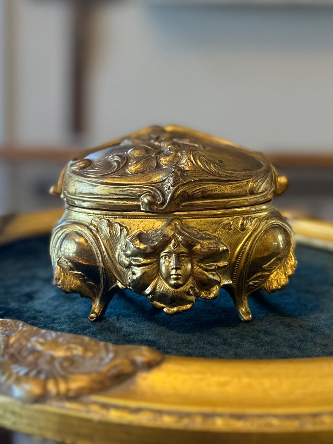 Antique Art Nouveau Period | Signed B&W Jewelry Casket Gilt Lady Face Lily Flower | Unlined