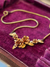 Load image into Gallery viewer, Vintage Signed Krementz Rose Gold &amp; Yellow Gold Tone Flowers and Leaves Dainty Necklace

