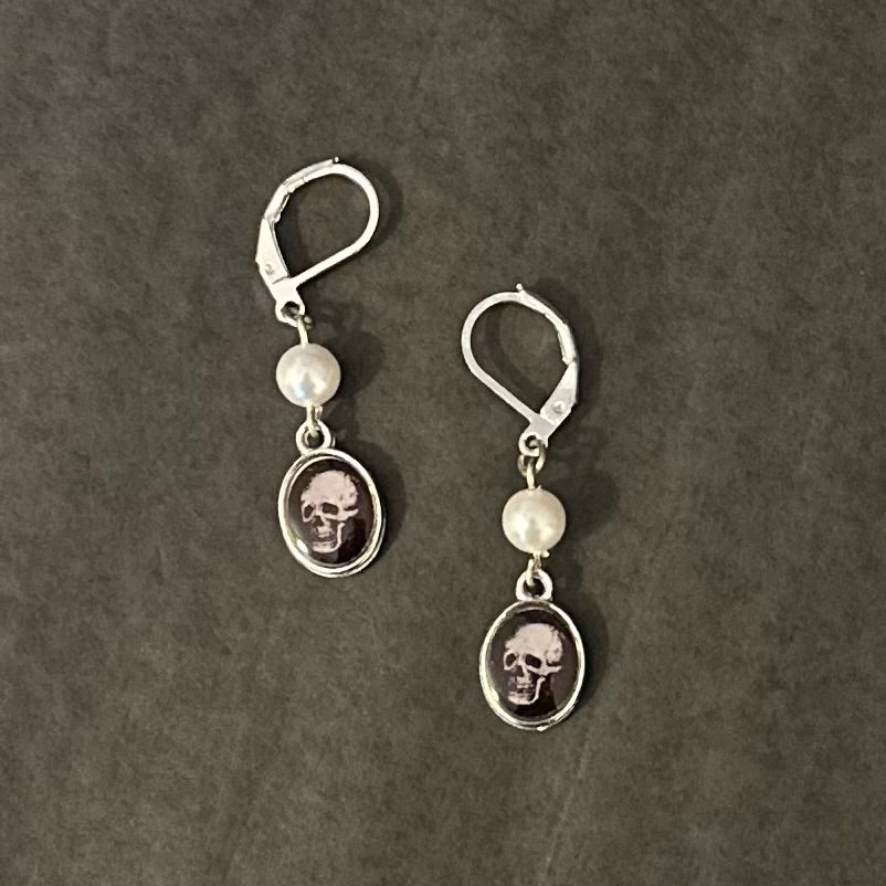 “CATACOMB PEARLS” Handmade Faux Pearl Skull Dangle Earrings