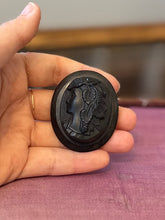 Load image into Gallery viewer, Antique Carved Whitby Jet Cameo Pin Victorian Mourning Brooch Facing Left
