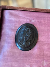 Load image into Gallery viewer, Antique Carved Whitby Jet Cameo Pin Victorian Mourning Brooch Facing Left
