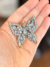 Load image into Gallery viewer, Vintage Light Blue &amp; Aurora Borealis Faceted Rhinestone Butterfly Brooch Silver Tone Midcentury
