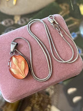 Load image into Gallery viewer, Vintage Sterling Silver &amp; Peachy Pink Botanical Lucite Oval Pendant Necklace 18.5”
