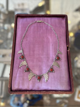 Load image into Gallery viewer, 1930s Art Deco Silver Tone Bat Wing Style Carnelian Stone &amp; Marcasite Necklace
