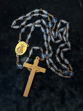 Load image into Gallery viewer, Antique Stamped XXX Triple Plated Gold Tone &amp; Blue Faceted Crystal Rosary Beads Crucifix Engraved Monogram MJH Art Deco 22&quot;
