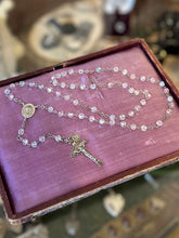 Load image into Gallery viewer, Vintage Circa 1940s Signed WI Sterling Silver Clear Aurora Borealis Crystal St. Anthony Medal Crucifix Rosary 19.45"
