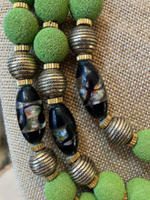 Load image into Gallery viewer, RARE Vintage HOBE &#39;50s Tri-Strand Green Art Glass &amp; Gold Tone Necklace Faience
