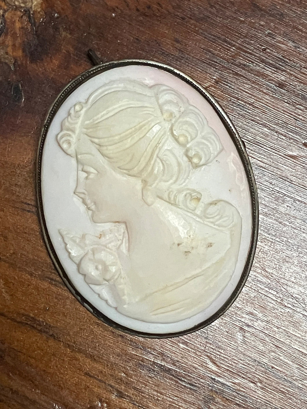 Large Vintage Sterling Silver Pink White Toned Carved Cameo Pin Brooch Pendant