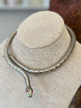 Load image into Gallery viewer, Vintage Midcentury Silver Tone &amp; Red Rhinestone Eyes Snake Coil Choker Necklace Adjustable
