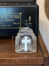 Load image into Gallery viewer, Vintage Holy Water Art Deco Glass Bottle White (ACL) Cross Black Top
