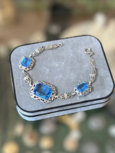 Load image into Gallery viewer, Vintage Circa 1930s Art Deco Rhodium Plated Aquamarine Faceted Czech Glass Bracelet 7”

