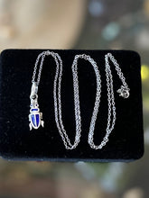 Load image into Gallery viewer, Vintage Sterling Silver &amp; Blue Enamel Scarab Beetle Pendant Necklace Long 24.5” Layering
