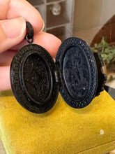 Load image into Gallery viewer, Antique Victorian Gutta Percha Grapes w/ Leaves Mourning Locket Pendant Etched

